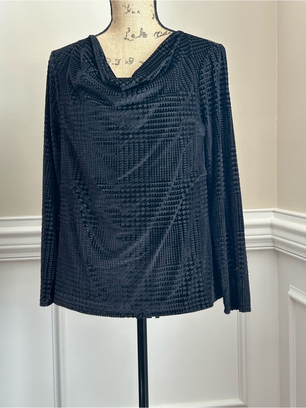 Talbots Black Velvet Textured Cowl Neck Top